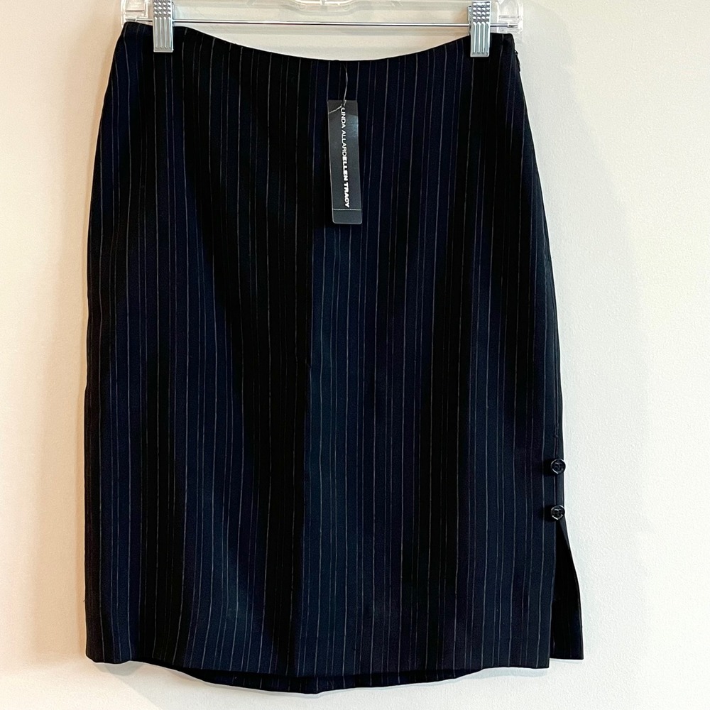 Linda Allard Ellen Tracy Black Pinstripe Pencil Skirt Anchor Button Slit 6 NEW